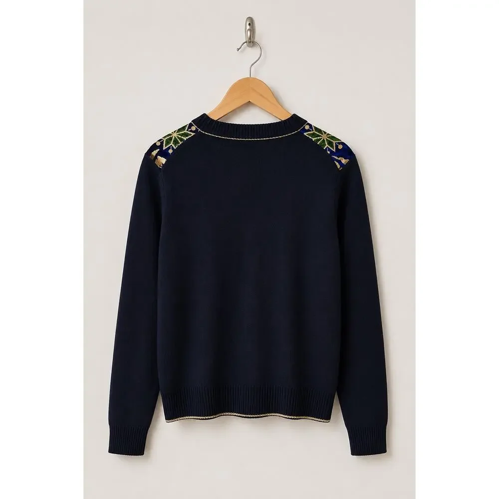 Tory Burch Hollis Metallic Floral Velvet Panel Sweater – Size Small
